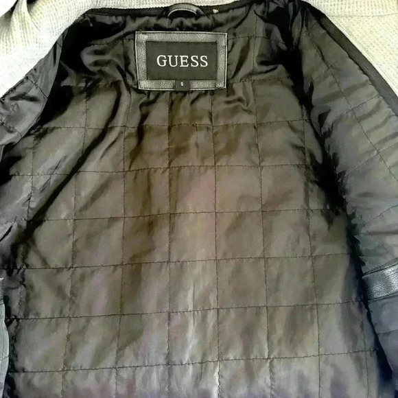 Guess Men Black Faux Leather Double Zip Hooded Coat Moto Bomber Jacket Size S - Picture 12 of 16